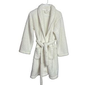 Pottery Barn Womens Bathrobe Sz S Off White Teddy Bear Fleece Belted Knee Length